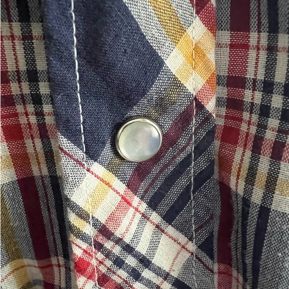 Vintage 70s Men's Plaid Pearl Snap Shirt Size 38 Blue Yellow Americana 38 Unisex - Picture 16 of 17